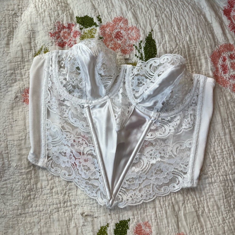 vintage christian dior white strapless corset bustier with lace and satin detail